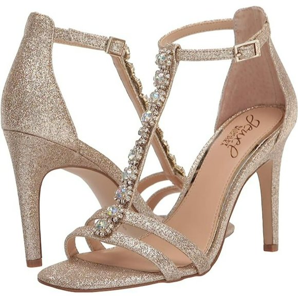Jewel Badgley Mischka Farida Heel Womens 5 Crystal T-Strap Sandal Gold Metallic - Picture 10 of 10